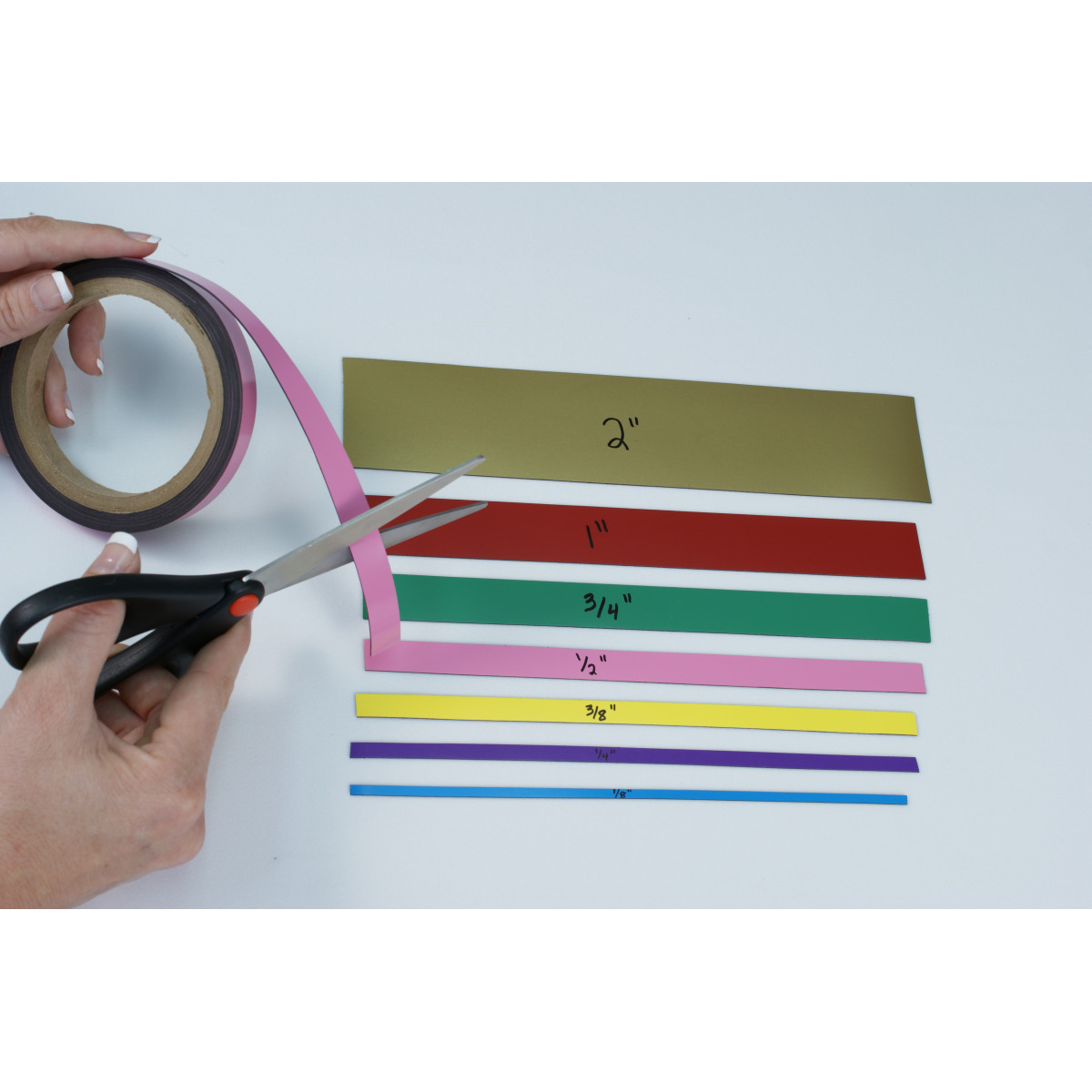 Rolls of colored magnetic strips you can cut to length simply with scissors