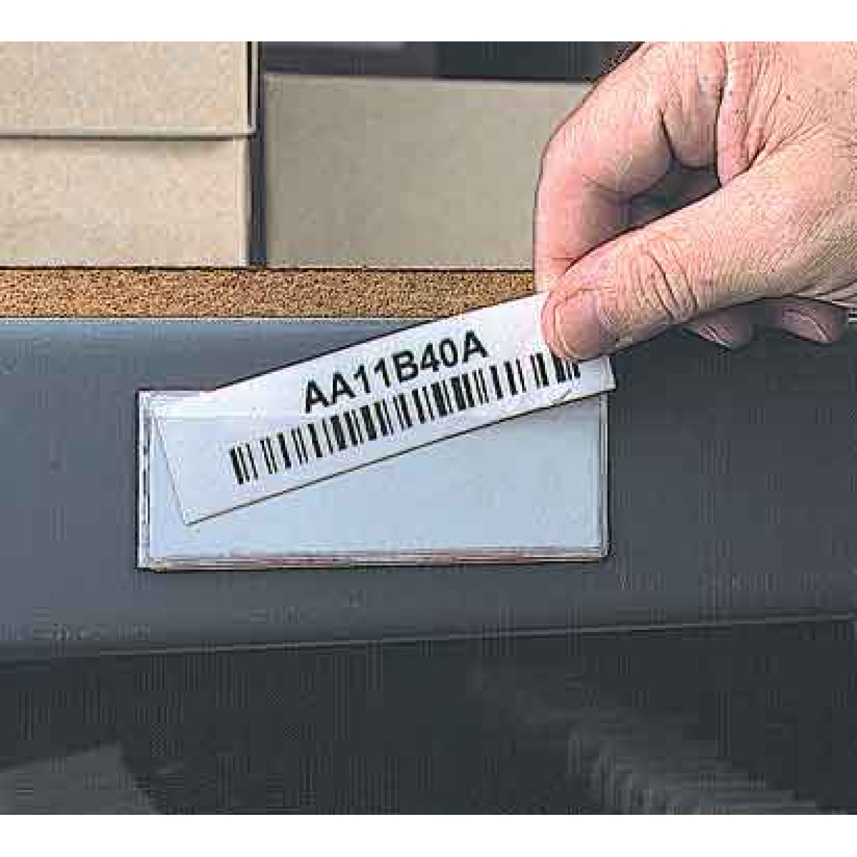 clear pouch adhesive card holder on shelf lip