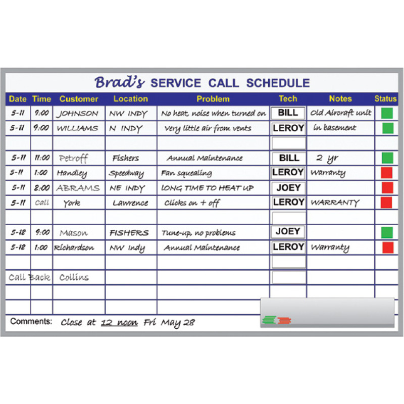 Service Call Schedule Whiteboard | Appointment Organizer Board