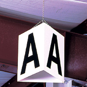 triangular hanging sign with 3 viewing sides