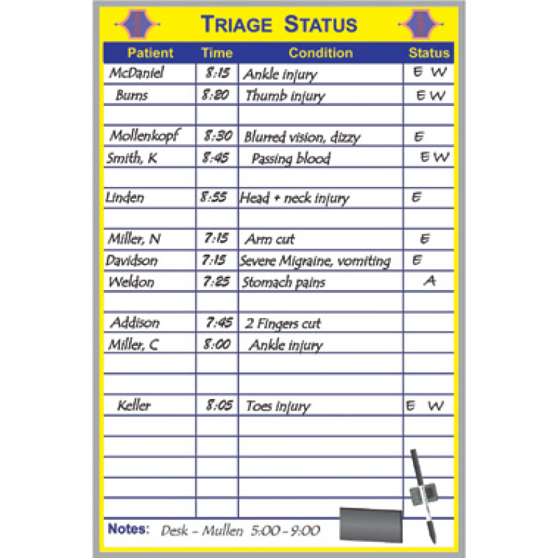 Triage Status Whiteboard | Dry Erase Medical Scheduling Board