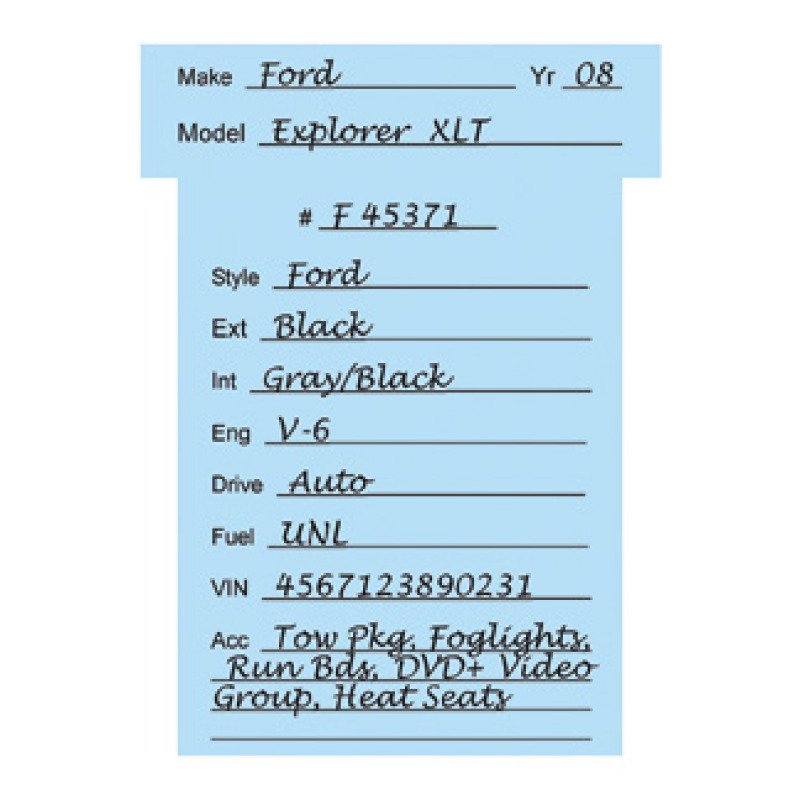sample pre-printed car t-card sample pre-printed car t-card