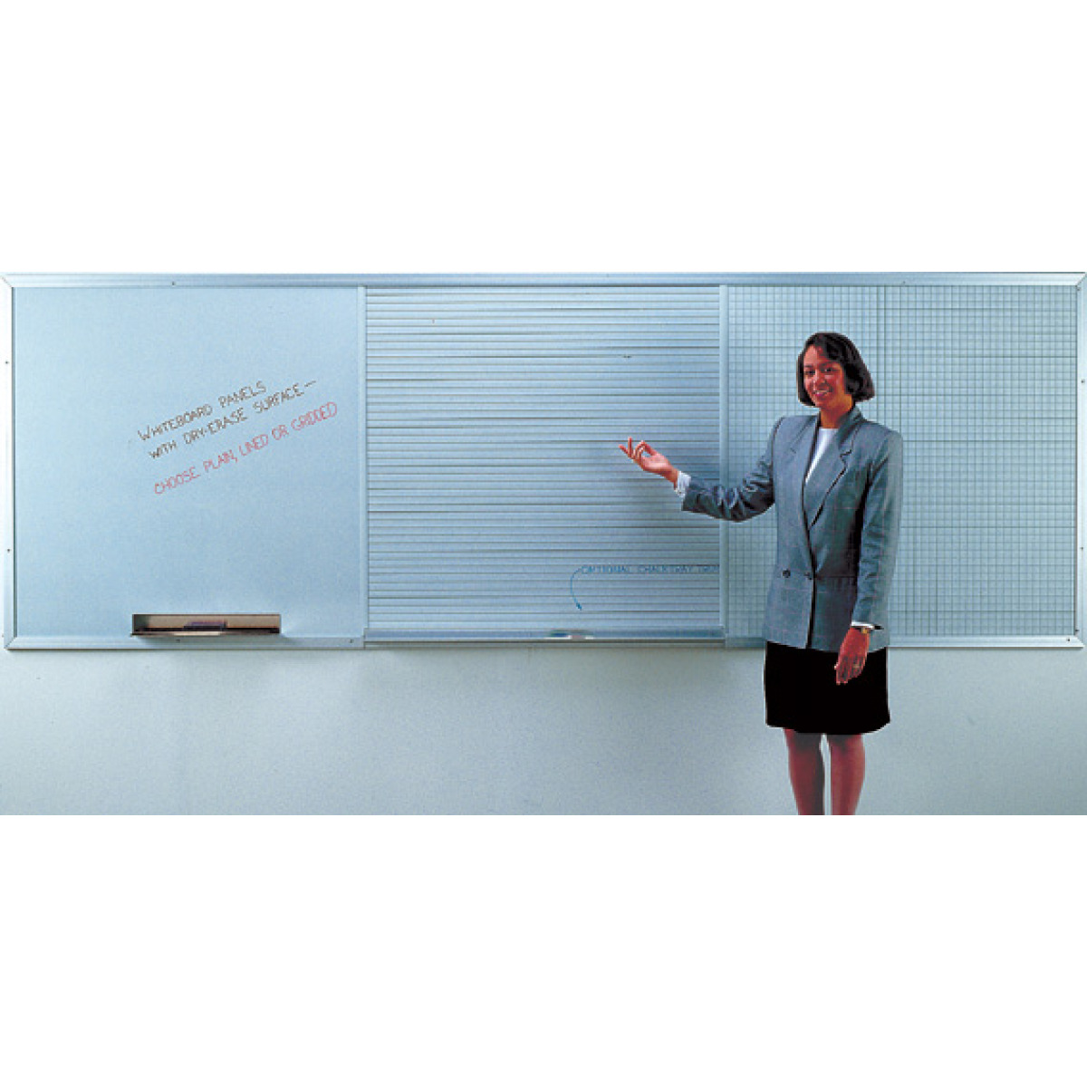 three whiteboard panels mounted on a wall